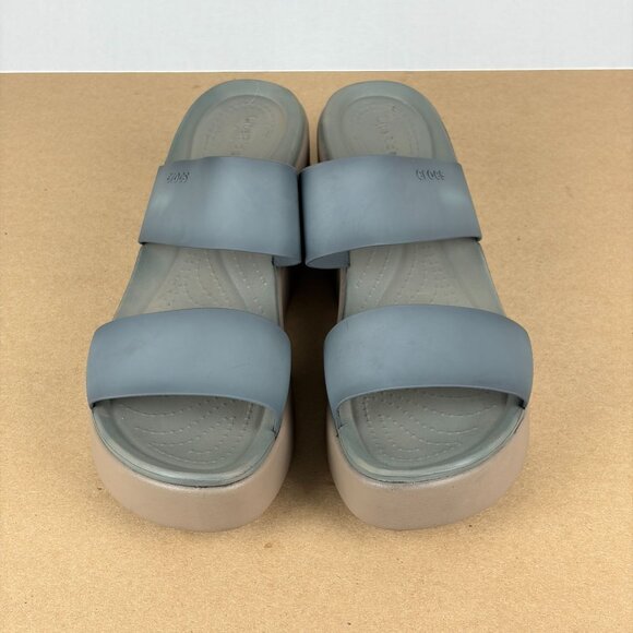 Crocs Brooklyn Mid Wedge Two Strap Sandals Womens 9 Blue/Gray Tan Slip On - Picture 2 of 9